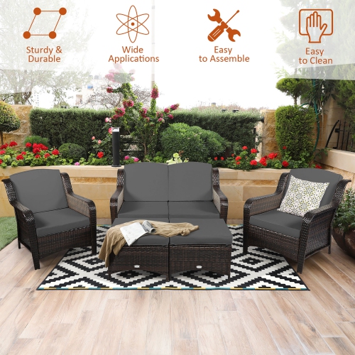 Costway 5PCS Patio Rattan Furniture Set Loveseat Sofa Ottoman W/Cushion