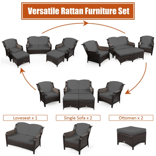 Costway 5PCS Patio Rattan Furniture Set Loveseat Sofa Ottoman W/Cushion
