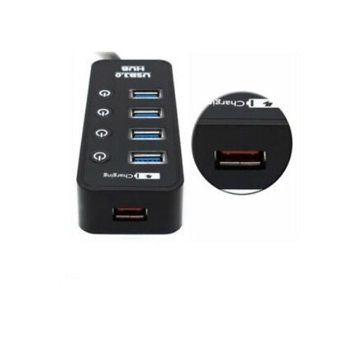 Hi-Speed USB3.0 4-Port USB Hub Adapter with One 5V 2.1A Charging Port Black