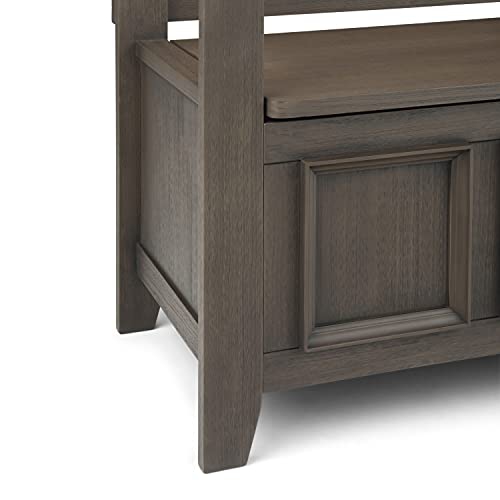 Large banc de rangement d’entrée en BOIS MASSIF Amherst de 48 po de SIMPLIHOME avec charnière de sécurité, gris champêtre et transitionnel