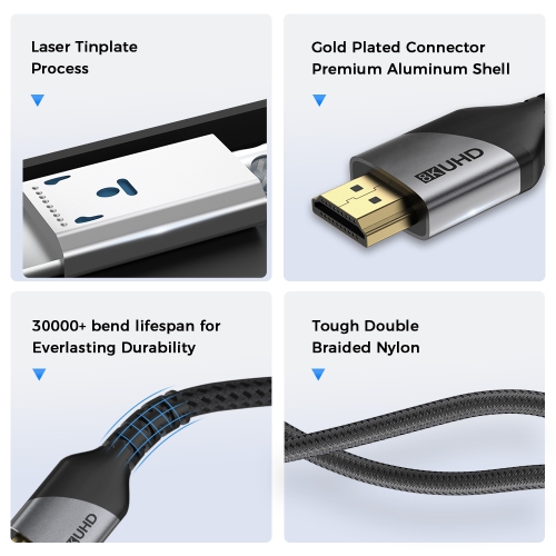 Câble HDMI 2,1 8K Saga – 3 M, 48 Gb/s Ultra HD, 8K@60 Hz, 4K@120 Hz, HDR10+, Dolby Atmos, eARC – Tressé, plaqué or – PS5, Xbox,