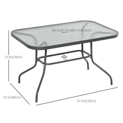 Outsunny Metal Garden Dining Table with Umbrella Hole, Outdoor Patio Table with Tempered Glass Top, 47.25" x 31.5"