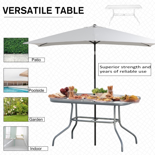 Outsunny Metal Garden Dining Table with Umbrella Hole, Outdoor Patio Table with Tempered Glass Top, 47.25" x 31.5"