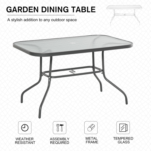 Outsunny Metal Garden Dining Table with Umbrella Hole, Outdoor Patio Table with Tempered Glass Top, 47.25" x 31.5"