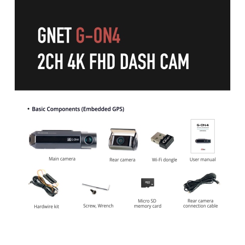 GNET G-ON4 2CH UHD SONY Starvis Smart Dashcam | 30FPS | 2160P |64GB | GPS | WiFi | withCLOUD | HDR | H.265 | 150 angle | Night Vision |Parking Mode