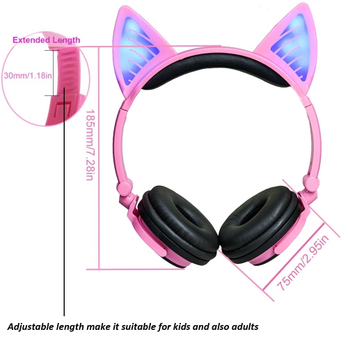 Kids Wireless/ Wired rechargeable Headphones with Cat Ear On-Ear Foldable LED