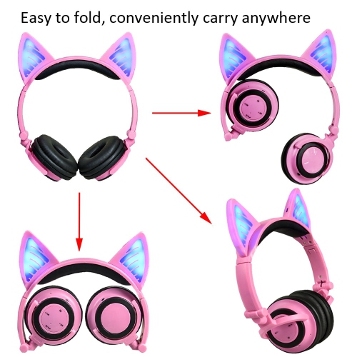 Kids Wireless/ Wired rechargeable Headphones with Cat Ear On-Ear Foldable LED