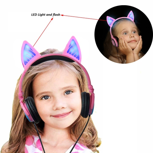 Kids Wireless/ Wired rechargeable Headphones with Cat Ear On-Ear Foldable LED