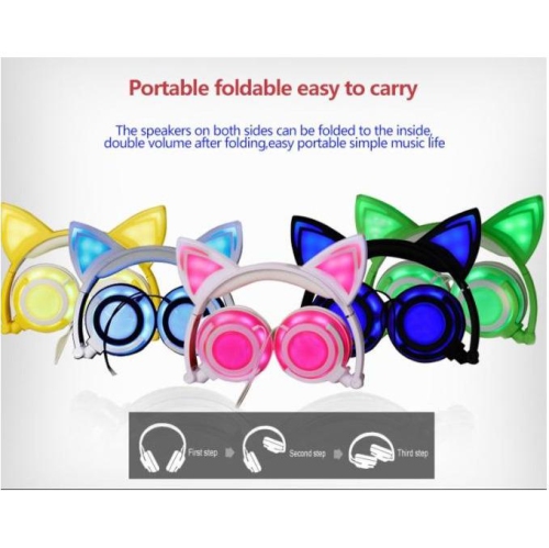 Kids Wireless/ Wired rechargeable Headphones with Cat Ear On-Ear Foldable LED