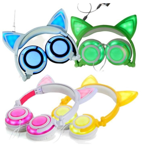 Kids Wireless/ Wired rechargeable Headphones with Cat Ear On-Ear Foldable LED