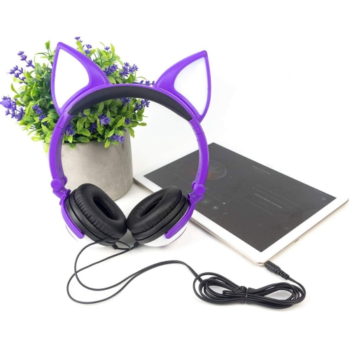 Wired Stereo Headphones, Over-Head LED Glowing Cat Headphones Noise Isolating