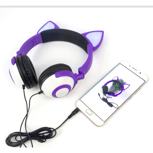 Wired Stereo Headphones, Over-Head LED Glowing Cat Headphones Noise Isolating