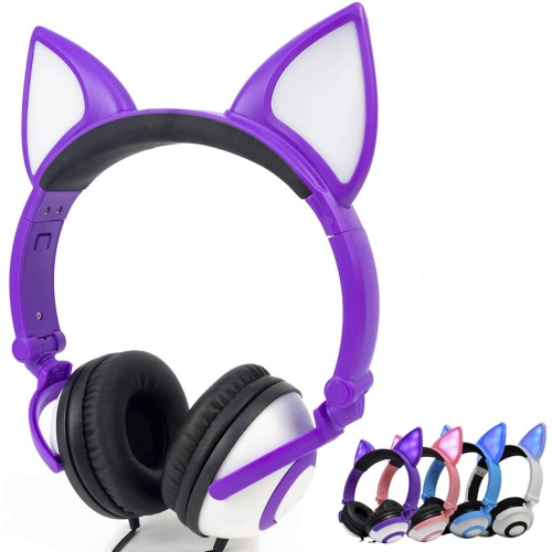 Wired Stereo Headphones, Over-Head LED Glowing Cat Headphones Noise Isolating