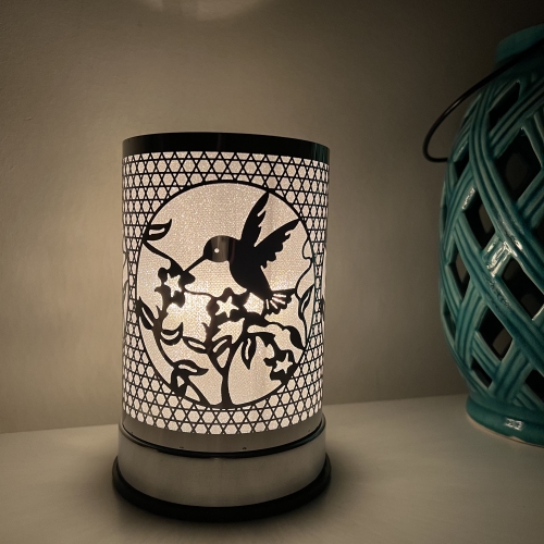 Lampe tactile de 7 po/brûleur à huile essentielle/distributeur de cire parfumée/décoration de table oiseau de houmming argenté