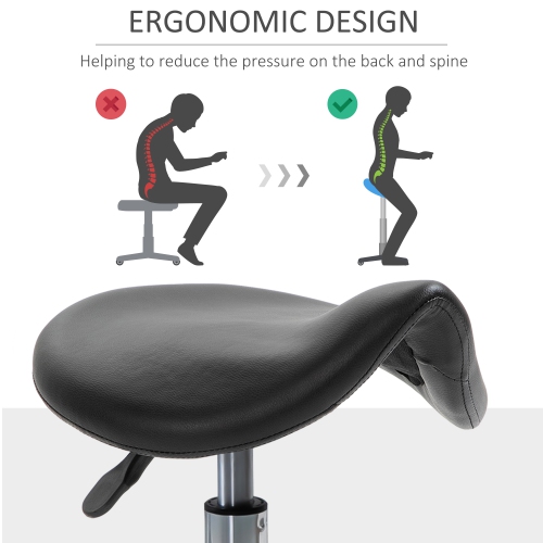 HOMCOM Saddle Stool, PU Leather Adjustable Rolling Salon Chair for Massage, Spa, Clinic, Beauty and Tattoo, Black