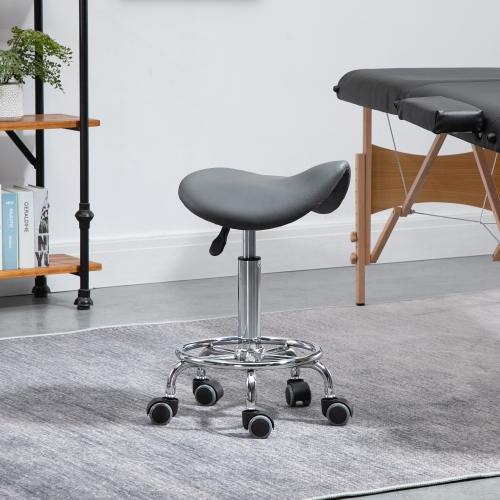 HOMCOM Saddle Stool, PU Leather Adjustable Rolling Salon Chair for Massage, Spa, Clinic, Beauty and Tattoo, Grey