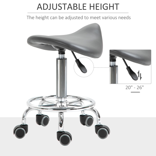 HOMCOM Saddle Stool, PU Leather Adjustable Rolling Salon Chair for Massage, Spa, Clinic, Beauty and Tattoo, Grey