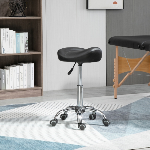 HOMCOM Tabouret en forme de selle chaise de bar roulante hauteur réglable en cuir PU pour salon de massage spa clinique beauté et tatouage noir