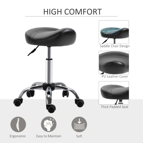 HOMCOM Tabouret en forme de selle chaise de bar roulante hauteur réglable en cuir PU pour salon de massage spa clinique beauté et tatouage noir