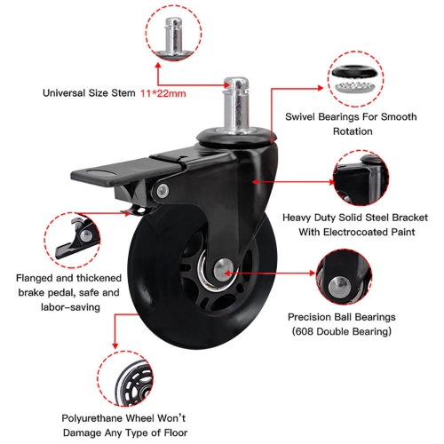 Ensemble de roulettes universelles pour chaise de bureau, ensemble de 5 avec 3 roulettes de style roller et 2 avec style de frein pour chaise de