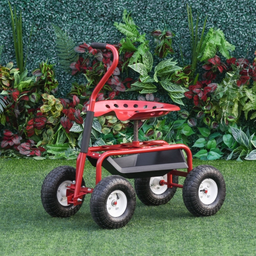 Outsunny Garden Scooter, Rolling Cart with Swivel and Adjustable Seat, Tool Tray, Bucket Basket, Red and Black