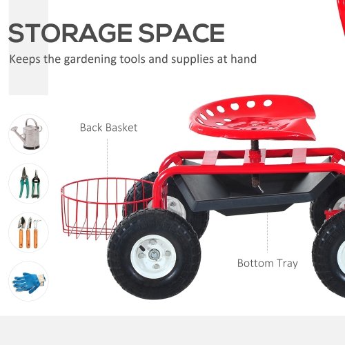 Outsunny Garden Scooter, Rolling Cart with Swivel and Adjustable Seat, Tool Tray, Bucket Basket, Red and Black