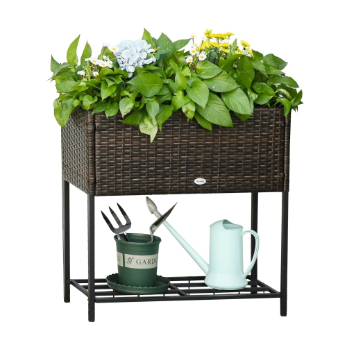 OUTSUNNY  Modern Elevated Metal Raised Garden Bed With Rattan Wicker Look, Underneath Tool Storage Rack In Brown