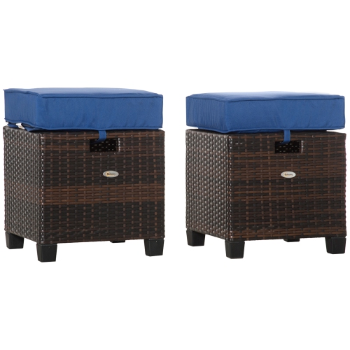 OUTSUNNY  2 PCs Patio Wicker Ottoman Set, Two Square Outdoor Pe Rattan Footrest \w Removable Cushion, Freely Combined Furniture W/ Handle For