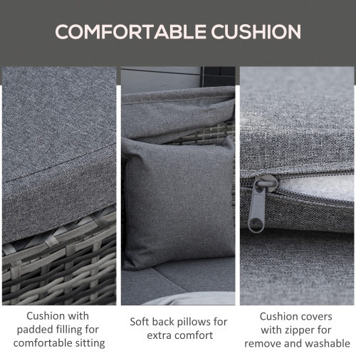 Outsunny 4 Pieces Rattan Daybed Patio PE Wicker Round Furniture Outdoor Rattan Garden Lounge Sofa Sets Sectional Conversation Set with Canopy,