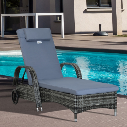 Outsunny Wicker Chaise Lounge, Outdoor Lounge Chair, PE Rattan Patio Sun lounger with Head-rest, 5-Level Height Adjust Backrest, Cushion, & Wheels,