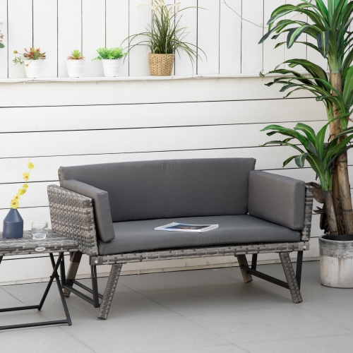 Meubles de patio en osier Outsunny avec coussin, canapé-lit convertible en rotin en polyéthylène pour l'extérieur avec fauteuil réglable, causeuse