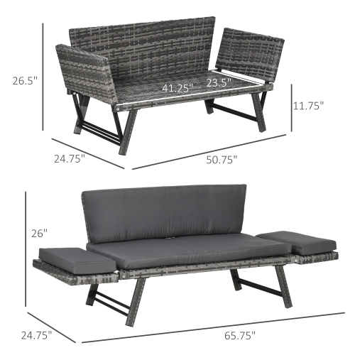 Meubles de patio en osier Outsunny avec coussin, canapé-lit convertible en rotin en polyéthylène pour l'extérieur avec fauteuil réglable, causeuse