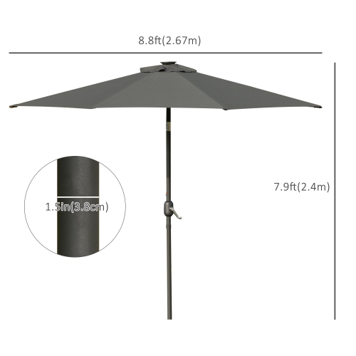 Outsunny 9ft Solar Patio Umbrella Outdoor Sunshade 24 LED Lights Tilt Canopy, Charcoal Grey