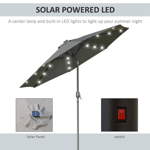 Outsunny 9ft Solar Patio Umbrella Outdoor Sunshade 24 LED Lights Tilt Canopy, Charcoal Grey