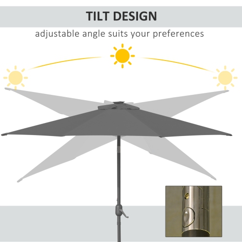Outsunny 9ft Solar Patio Umbrella Outdoor Sunshade 24 LED Lights Tilt Canopy, Charcoal Grey