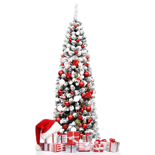 TOPBUY  4.5Ft /6Ft/7.5Ft Pencil Artificial Christmas Tree Snow Flocked Pencil Tree With Flexible Stand