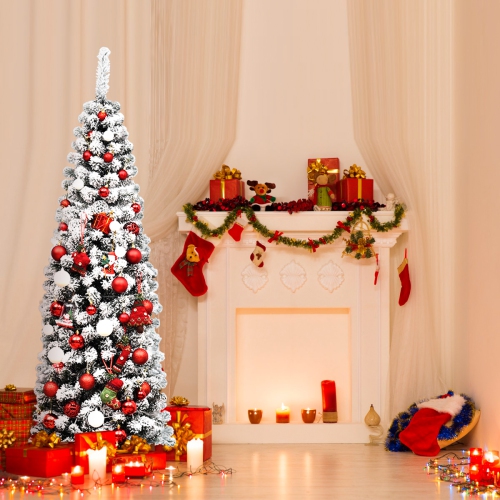 Topbuy 4.5ft /6ft/7.5ft Pencil Artificial Christmas Tree Snow Flocked Pencil Tree with Flexible Stand