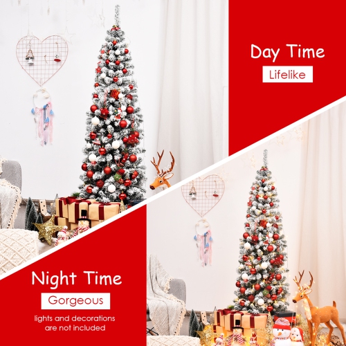 Topbuy 4.5ft /6ft/7.5ft Pencil Artificial Christmas Tree Snow Flocked Pencil Tree with Flexible Stand