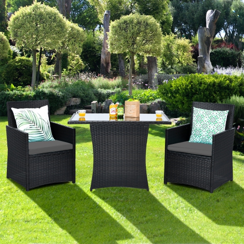 TOPBUY  Patiojoy 3PCs Patio Rattan Dining Set Space-Saving Furniture Set With Tempered Glass Top Table And Cushioned Chairs