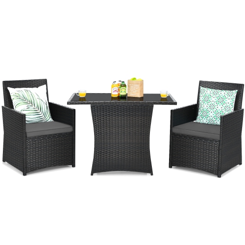 Patiojoy 3PCS Patio Rattan Dining Set Space-Saving Furniture Set with Tempered Glass Top Table and Cushioned Chairs