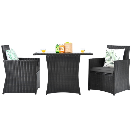Patiojoy 3PCS Patio Rattan Dining Set Space-Saving Furniture Set with Tempered Glass Top Table and Cushioned Chairs
