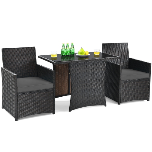 Patiojoy 3PCS Patio Rattan Dining Set Space-Saving Furniture Set with Tempered Glass Top Table and Cushioned Chairs