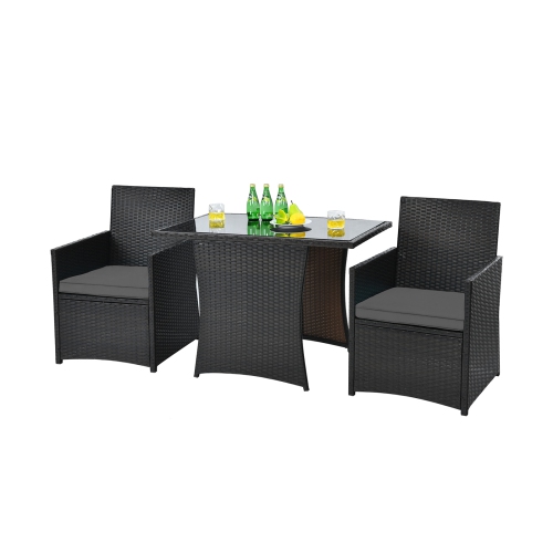 Patiojoy 3PCS Patio Rattan Dining Set Space-Saving Furniture Set with Tempered Glass Top Table and Cushioned Chairs