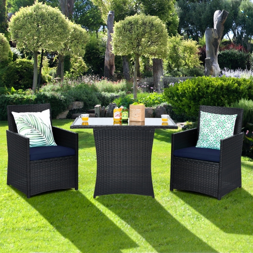 TOPBUY  Patiojoy 3PCs Patio Rattan Dining Set Space-Saving Furniture Set With Tempered Glass Top Table And Cushioned Chairs