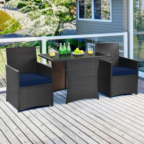 Patiojoy 3PCS Patio Rattan Dining Set Space-Saving Furniture Set with Tempered Glass Top Table and Cushioned Chairs