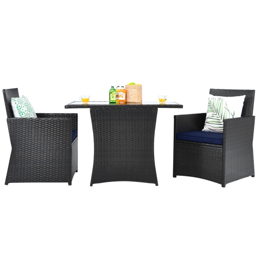 Patiojoy 3PCS Patio Rattan Dining Set Space-Saving Furniture Set with Tempered Glass Top Table and Cushioned Chairs