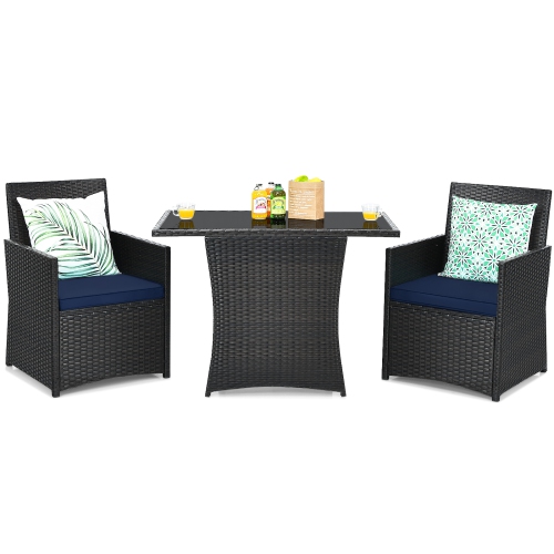 Patiojoy 3PCS Patio Rattan Dining Set Space-Saving Furniture Set with Tempered Glass Top Table and Cushioned Chairs