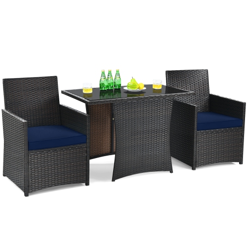 Patiojoy 3PCS Patio Rattan Dining Set Space-Saving Furniture Set with Tempered Glass Top Table and Cushioned Chairs