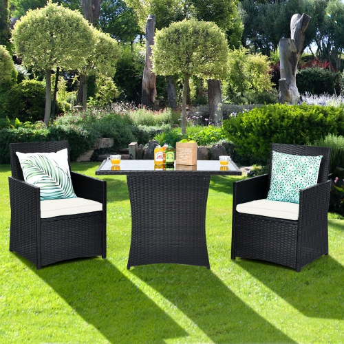 TOPBUY  Patiojoy 3PCs Patio Rattan Dining Set Space-Saving Furniture Set With Tempered Glass Top Table And Cushioned Chairs
