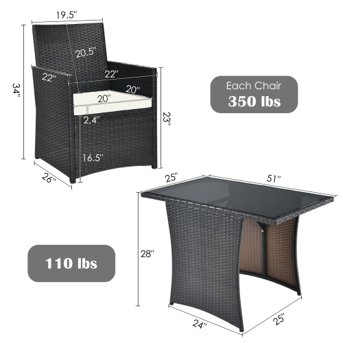 Patiojoy 3PCS Patio Rattan Dining Set Space-Saving Furniture Set with Tempered Glass Top Table and Cushioned Chairs